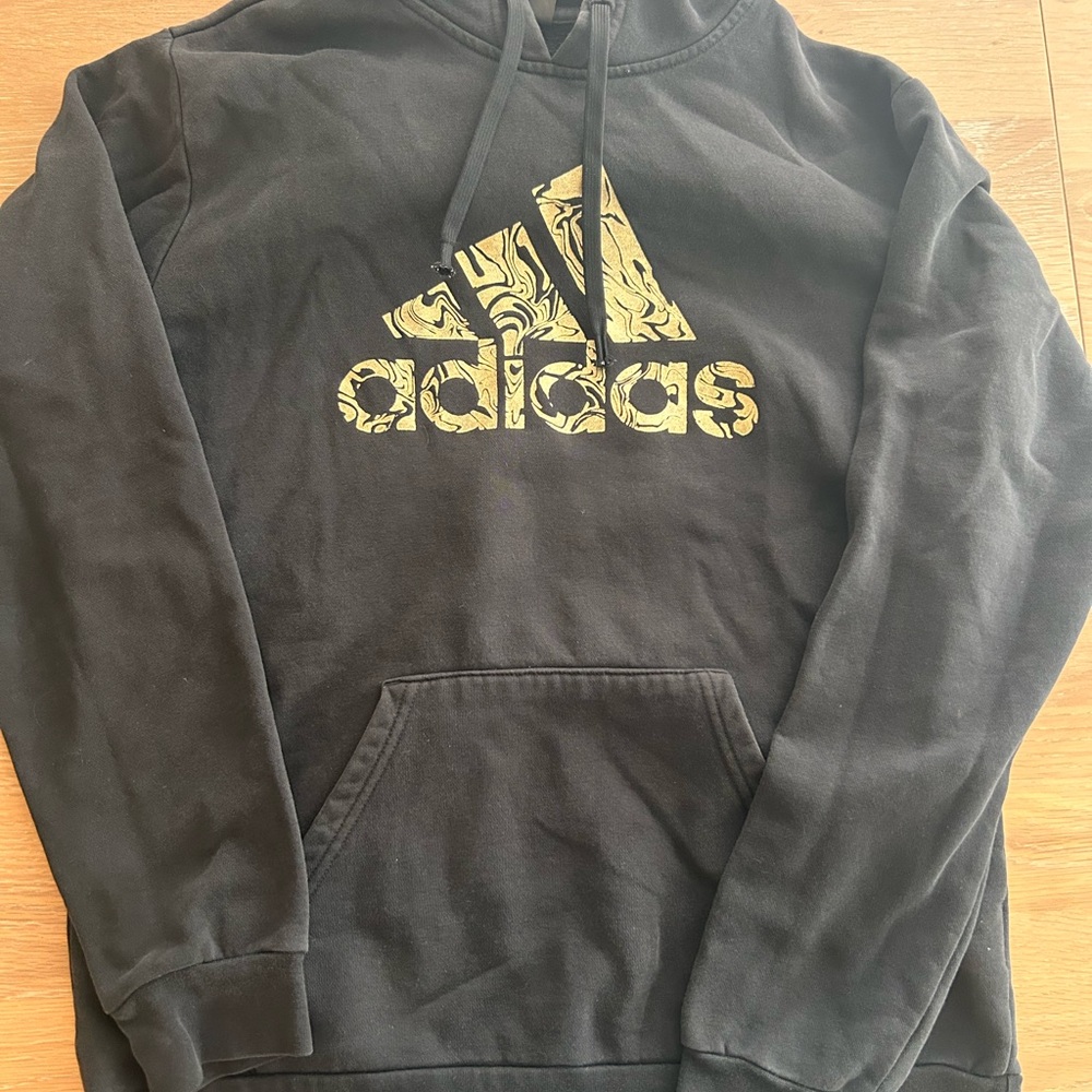 Adidas Black Hoodie with Patterned Gold Logo